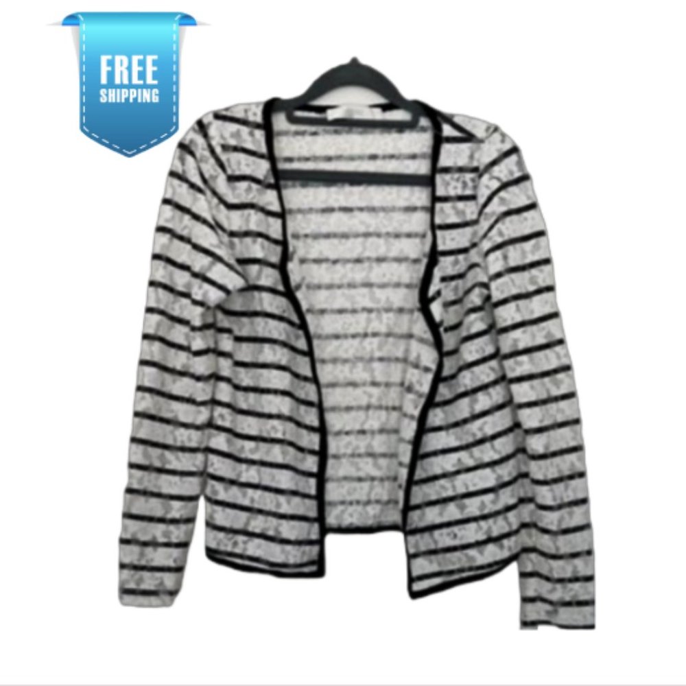 Ozoc Stripes Lace White Summer Business Casual Jacket Cardigan Cover up - S/M